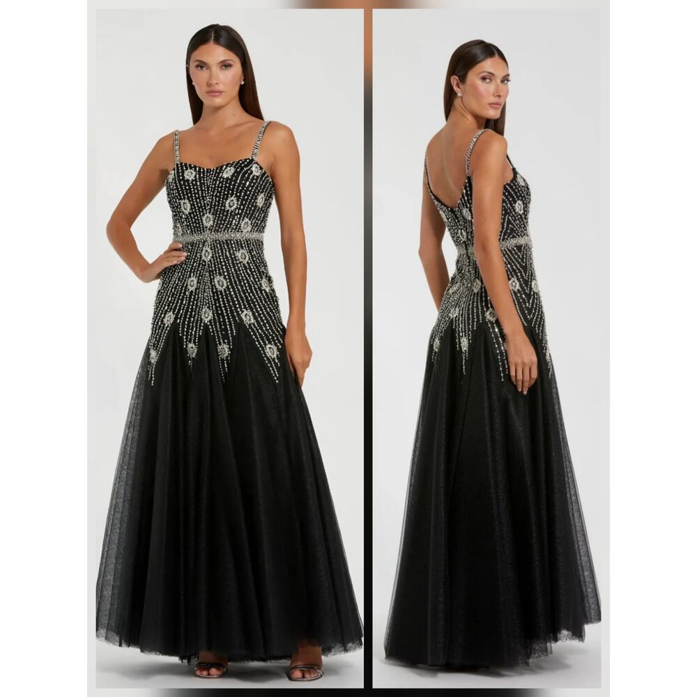 MAC DUGGAL - Black Slim Strap Embellished Bustier Gown